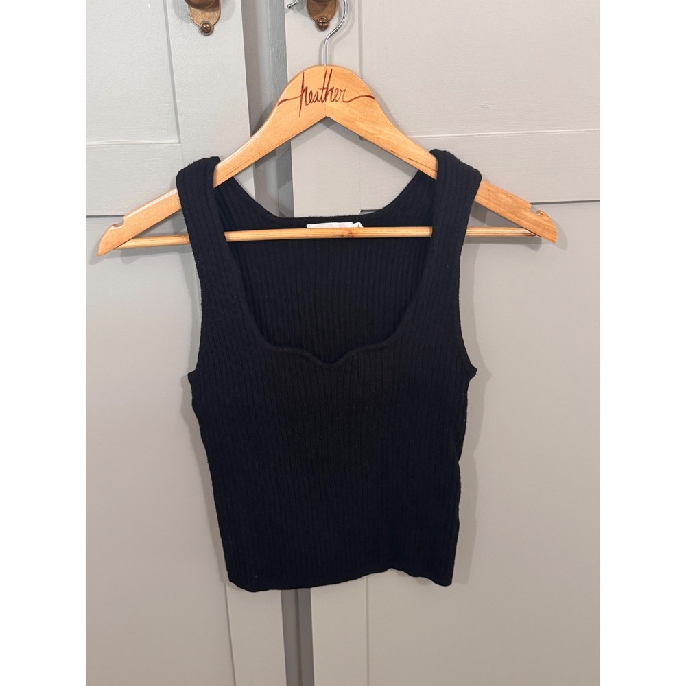 Avec Les Filles Black Ribbed Knit Sweetheart‎ Neck Tank Top Small
